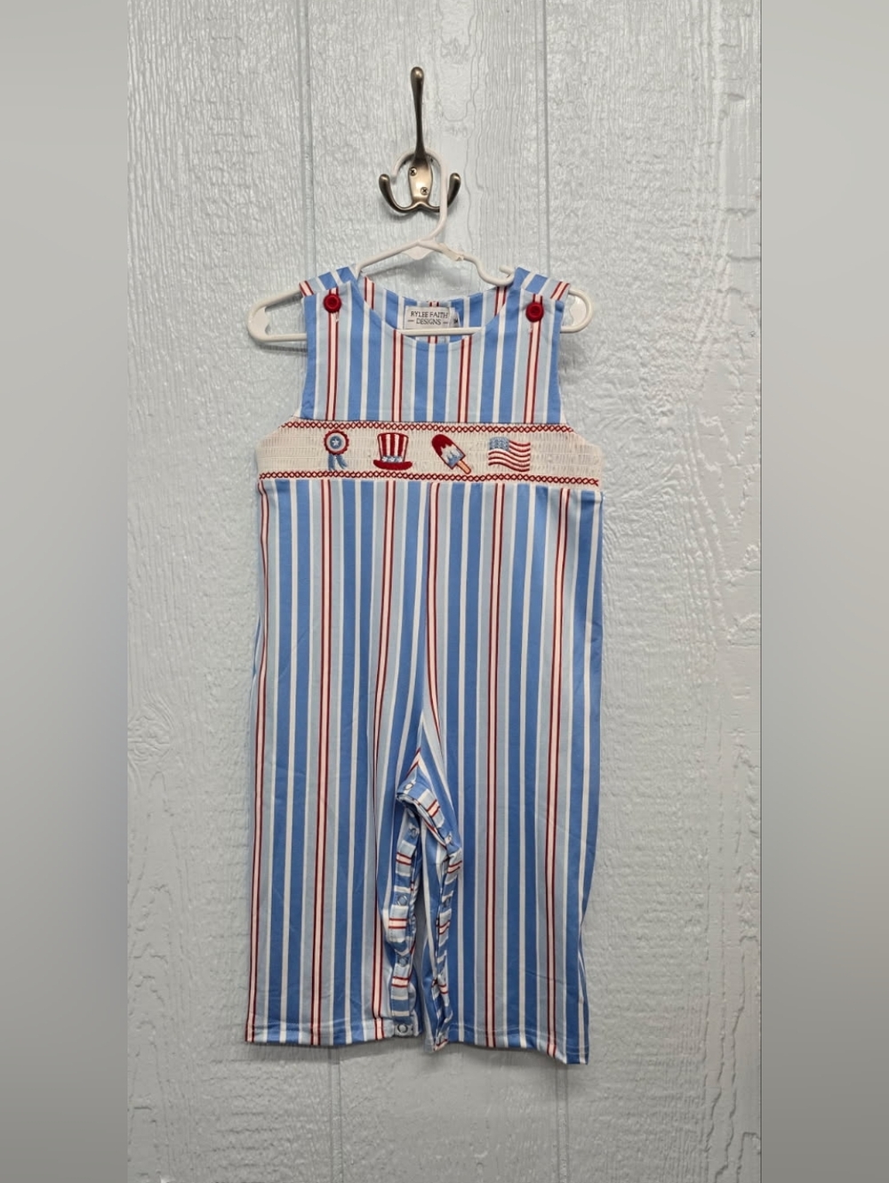 New Size 18 Months Blue & Red Striped Smocked Childrens Romper Patriotic